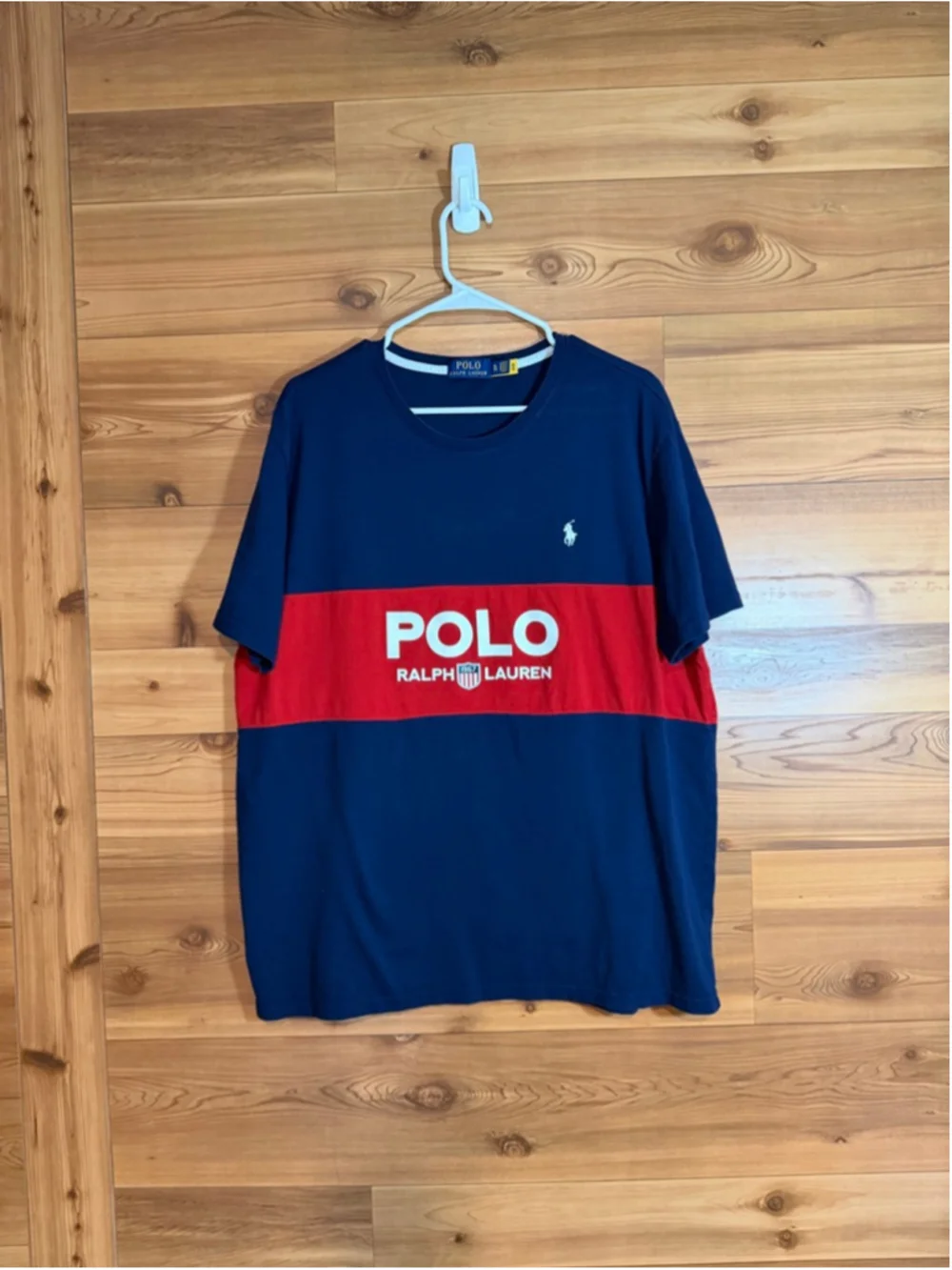Polo Ralph Lauren red and blue cotton color block logo Tshirt men’s XL